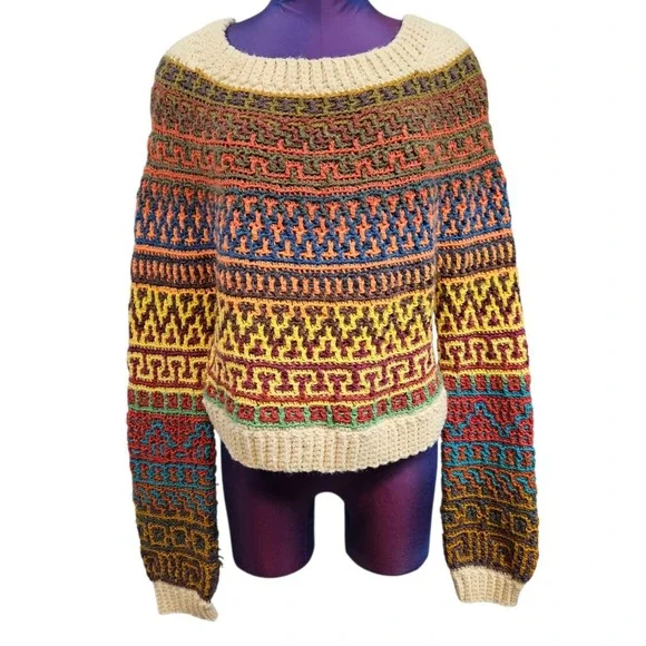 Handmade Crochet Mosaic Sweater Multi Color Geometric Boho Chunky Knit Pullover - Picture 2 of 6